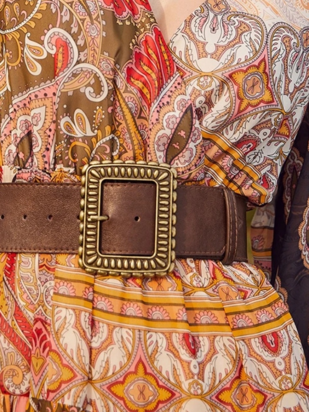 Western Gold Tone Square Buckle Brown Vegan Leather Wide Belt - Picture 5 of 5